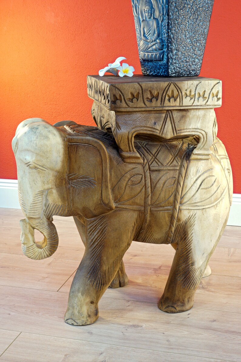 50cm Side Table Elephant Acacia Carved Solid Wood Flower Etsy UK