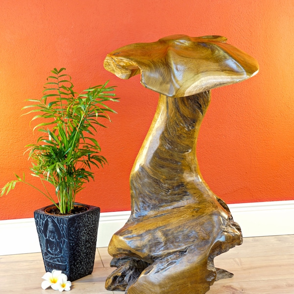 Wurzel Holz Pilz Skulptur | 40 - 60 cm großer Pilz aus Teakholz / Wurzel Holz | Garten Balkon oder Terrasse Dekoration aus Massivholz