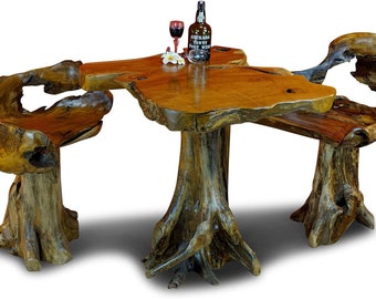 Dining table set solid teak wood | ca 80cm large root wood dining table with rootstock as a foot + 2 or 4 chairs