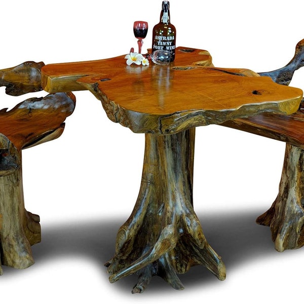 Mesa de comedor mesa de madera maciza de teca | Mesa de comedor con base de tronco de árbol y rodaja de árbol a modo de tablero + 2 o 4 sillas de madera de raíz