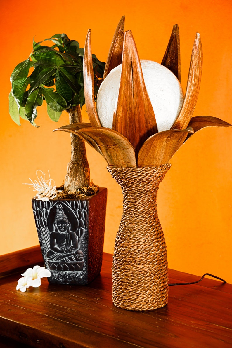 Coconut table lamp wooden lamp 54cm with rattan lampshade ball image 5