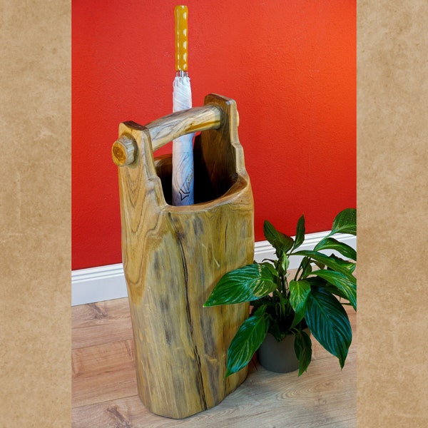 Porte-parapluie Tronc d'arbre en bois de teck massif | Porte-parapluie unique Boho Thaïlande idées de vie ameublement décoration entrée cadeau de pendaison de crémaillère