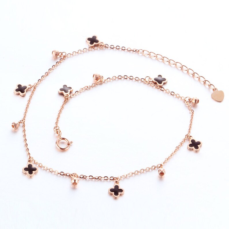 14K Solid gold Mini Black Clover 7 charms Bracelet Small PG Pink gold