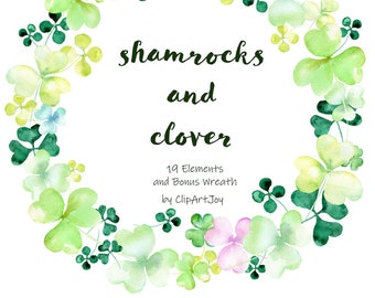 Shamrocks and Clover Clipart: St. Patricks Day Graphics. 19 elements in green, blue, purple, pink. 1 bonus PNG wreath. Digital download.
