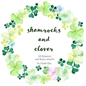 Trèfles et trèfle Clipart : St Patricks Day graphiques. 19 éléments en vert, bleu, violet, Rose. couronne de 1 bonus PNG. Téléchargement numérique.