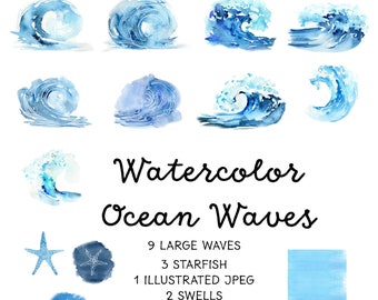 Watercolor Ocean Waves Clipart: Tidal Waves, Barrel Waves, Sea Swells, Swirls, Starfish, Wave Borders and more graphics. Instant Download.
