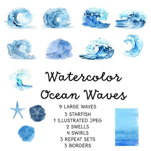 Clipart de ondas do oceano em aquarela: ondas de maré, ondas de barril, ondas do mar, redemoinhos, estrelas do mar, bordas de ondas e mais gráficos. Download instantâneo.
