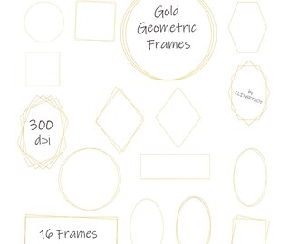 Gold Geometric Frames Clipart: Premade graphics. 16 frame templates with modern boho aesthetic. Polygon | Gold Foil | PNG | Digital Download