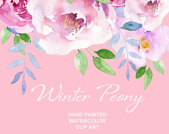 Watercolour Flowers: Handpainted Floral Clipart Graphics. Digital download PNG of pink peony, rose, blue and green leaves. 1 JPG bonus page.