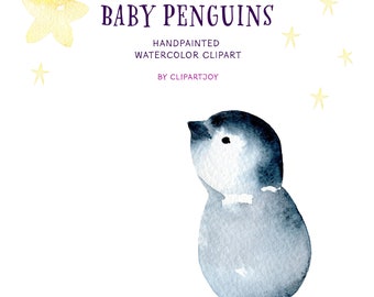 Baby Penguin Clipart: Watercolor Graphics. Cute Holiday Polar Animal Friend Characters with stars, gifts and snowballs.