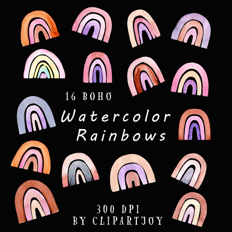 Boho Rainbows Handpainted Colorful Rainbows in warm browns 16 watercolor clipart graphics pinks and more.