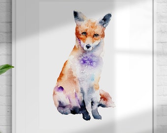 Watercolor Fox Print: Instant Digital Download. Printable file of red orange fox perfect wall art decor for Nursery, Bedroom, Living Room