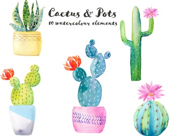 Cactus and Pots Watercolor Clipart: set of 10 elements. Southwest aesthetic | png | graphics | commercial use | digital download
