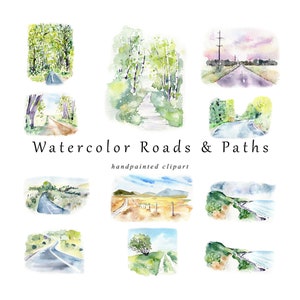 Watercolor Road Travel Clipart: handpainted trails, paths and roads graphics. PNG Digital Download image 1