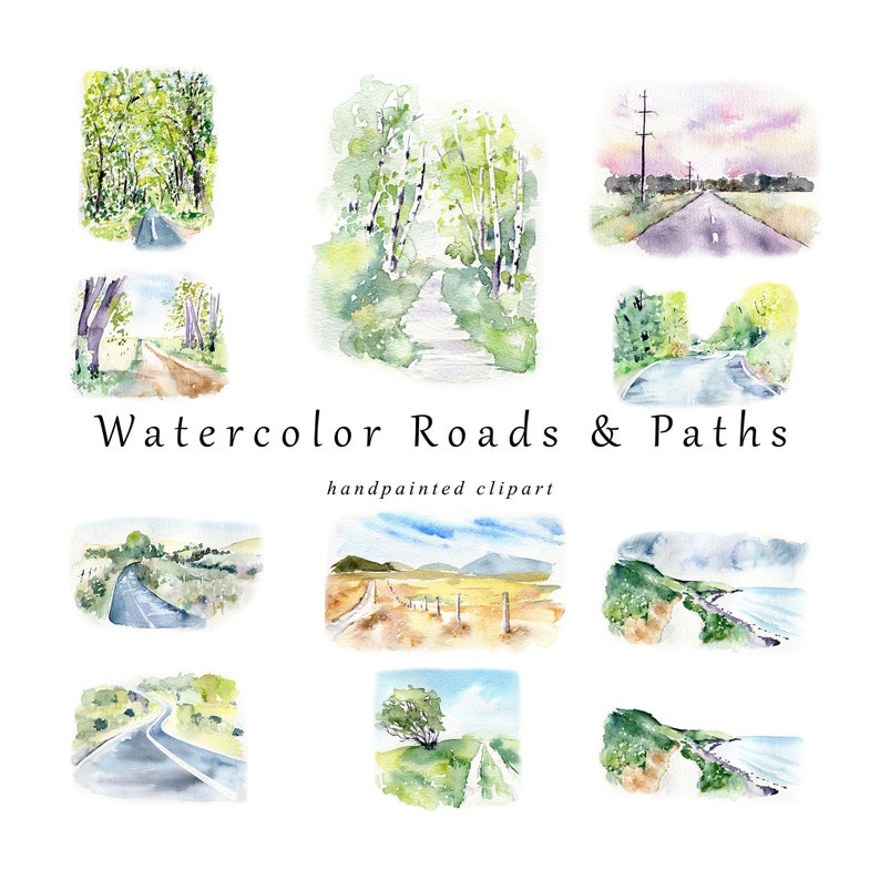 Watercolor Road Travel Clipart: handpainted trails, paths and roads graphics. PNG Digital Download image 1