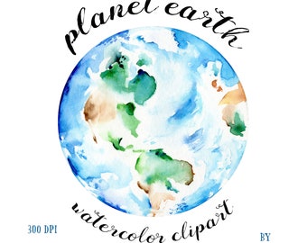 Earth Clipart: Watercolor graphic of globe. Handpainted artwork of planet earth | PNG | Digital Download | Commercial Use