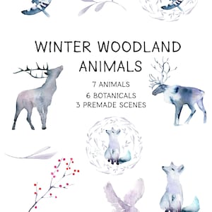 Woodland Animals Clipart: Winter Forest Creatures in watercolor. Fox, Stag, Caribou, Owl, Raccoon, Grizzly Bear and Cub with twigs, leaves