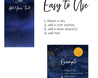 Star Overlays and Watercolor Night Sky Clipart:  Gold Moon Phase Graphics, Celestial Skies and 3 bonus premade skies. PNG | Digital Download