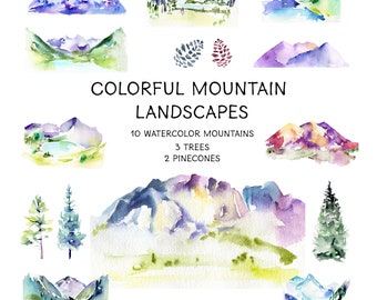 Colorful Mountain Clipart: watercolor mountain landscapes. Mountains graphics with trees, pinecones. PNG | Digital Download | Commercial Use