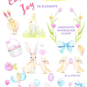 Clipart de Pâques: 26 éléments graphiques à l’aquarelle Pastel. Lapins, Oeufs, Poussins, Tulipes - plus. Téléchargement numérique PNG - France Utilisation commerciale