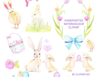 Easter Clipart: 26 Pastel Watercolor Graphic elements. Bunny Rabbits, Eggs, Chicks, Tulips & more. Digital download | PNG | Commercial Use