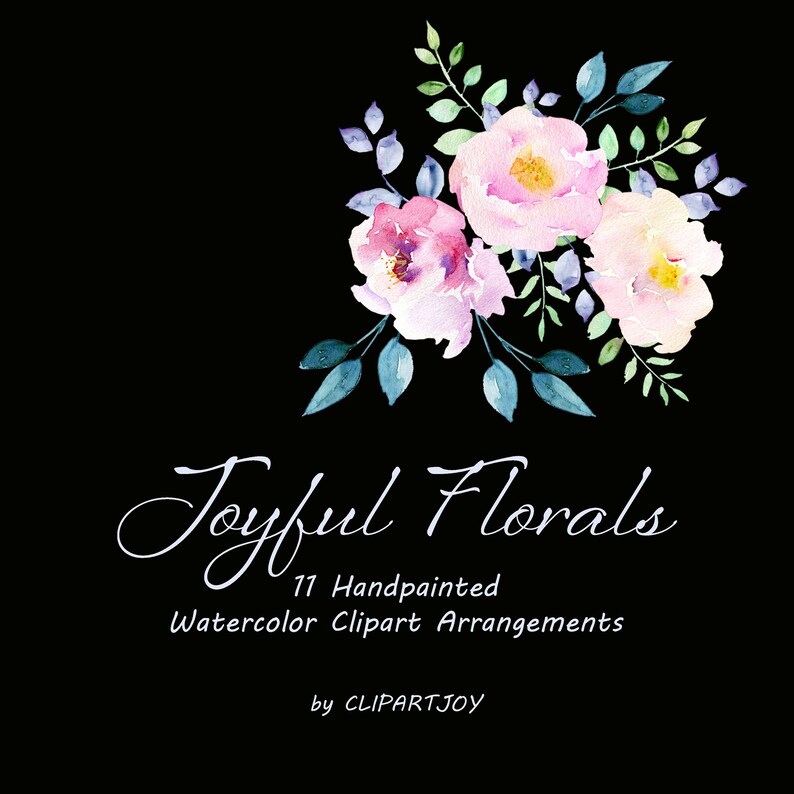 Floral Clipart: pink flowers and blue greenery Graphics PNG Premade Watercolor arrangements Digital Download Commercial Use