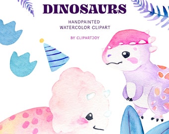 Cute Dinosaur Clipart: Watercolor TRex, Triceratops, Stegosaurus, Dino Tracks, Plants and more. PNG | Digital | Instant Download