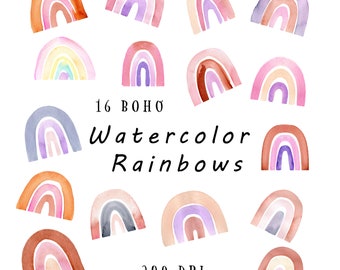 Boho Rainbows: 16 gráficos de imágenes prediseñadas de acuarela. Arco iris colorido pintado a mano en marrón cálido, rosas y más.