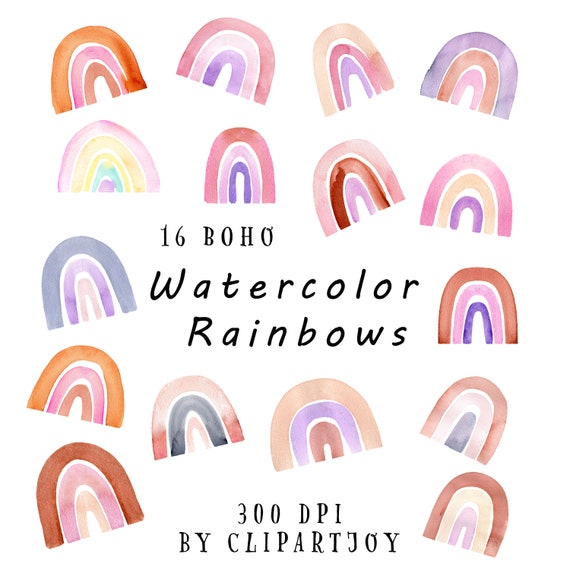 Boho Rainbows Handpainted Colorful Rainbows in warm browns 16 watercolor clipart graphics pinks and more.