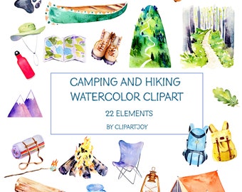 Camping and Hiking Clipart: 22 watercolor outdoor wilderness graphics with backpacks, boots & more. PNG | Digital Download | Commercial Use