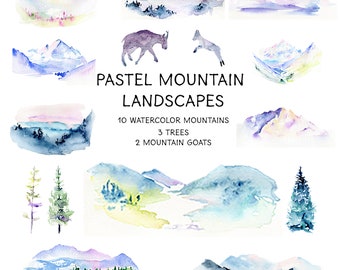 Pastel Mountain Clipart: soft watercolor mountain landscapes. Mountains graphics with trees, mountain goats . PNG | Digital Download