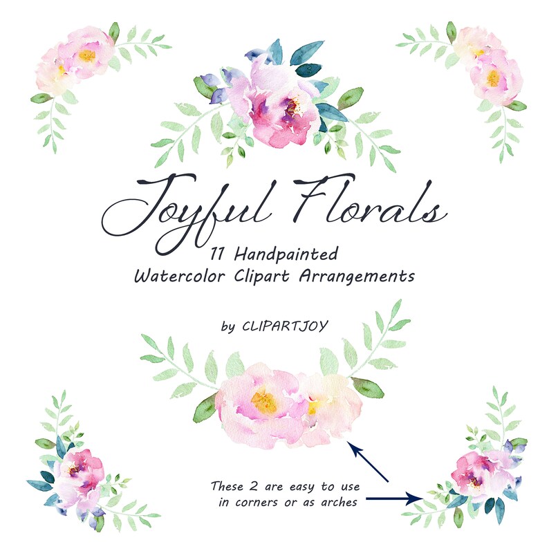 Floral Clipart: pink flowers and blue greenery Graphics PNG Premade Watercolor arrangements Digital Download Commercial Use