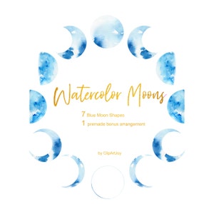 Mond Clipart: 7 blaue Aquarell Monde. Mondphase Grafik plus 1 Bonus vorgefertigte Anordnung. PNG | Digitaler Download | Kommerzielle Nutzung