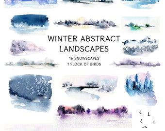 Winter Landscape Clipart: Abstract Watercolor Snow Scenes. Frosty and Frozen Wilderness, Forests, Fields, Trees, Rivers, Lakes. Digital PNG