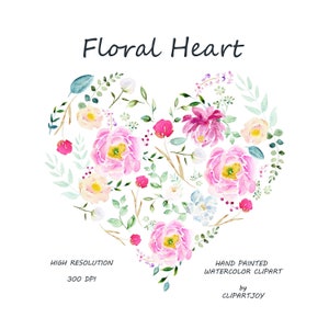 Floral hart: bloem hart aquarel clipart. Premade botanische afbeelding met roze peonys en gebladerte | PNG | Digitale download | Commerciële