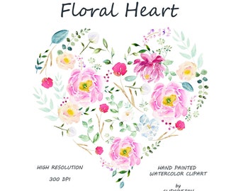 Floral Heart: Flower Heart Watercolor Clipart. Premade Botanical Graphic with pink peonys and foliage | PNG | Digital Download | Commercial