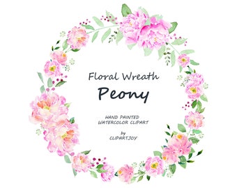 Pink Floral Wreath Clipart: Watercolor Graphic. Peony Watercolour Flowers + Greenery. Digital Download | PNG | Commercial Use | Handpainted