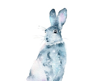 Watercolor Bunny Print: Instant Digital Download. Printable file of blue rabbit. Perfect wall art decor for Nursery, Bedroom, Dorm