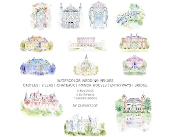 Watercolor Clipart: Luxury Wedding Venues - Castles, Villas, Chateaux, Manor Houses, Gate, Entryways, Arch Bridge | Digital Graphics | PNG