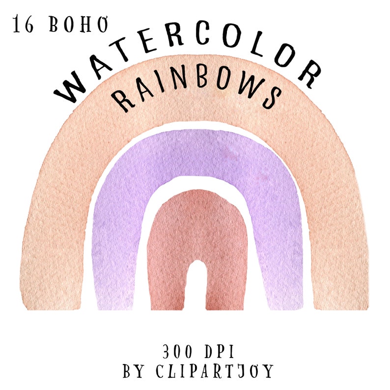 Boho Rainbows Handpainted Colorful Rainbows in warm browns 16 watercolor clipart graphics pinks and more.