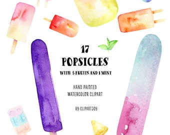 Popsicles Clipart: 17 watercolor summer popsicle ice cream graphics with 6 fruit garnish elements PNG | Digital Download | Commercial Use
