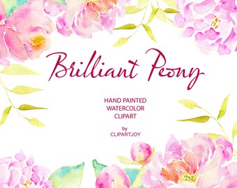 Pink Peony Clipart: 6 watercolor graphics plus 1 bonus premade page. Handpainted florals + greenery. PNG | Digital download | Commercial Use
