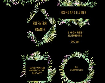 Greenery Clipart Frames: Watercolor ferns and leaf graphic frames. Set of 5 | PNG format | Digital Download | Commercial use | Handpainted
