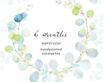 Eucalyptus Wreaths: Watercolor Clipart. 6 botanical wreaths of greenery foliage. Premade Graphics | PNG | Commercial Use | Digital Download