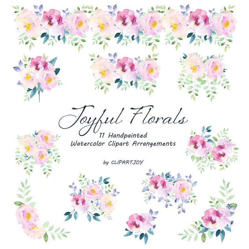 Floral Clipart: pink flowers and blue greenery Graphics PNG Premade Watercolor arrangements Digital Download Commercial Use