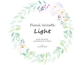 Floral Wreath Clipart: Aquarelle Graphique. Fleurs d’aquarelle blanches et blush avec verdure.  Art peint à la main (fr) Téléchargement numérique (en anglais) Png