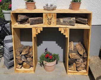 Kaminumrandung Holz, Kaminholzregal Holz, Dekokamin Holz, Holzregal