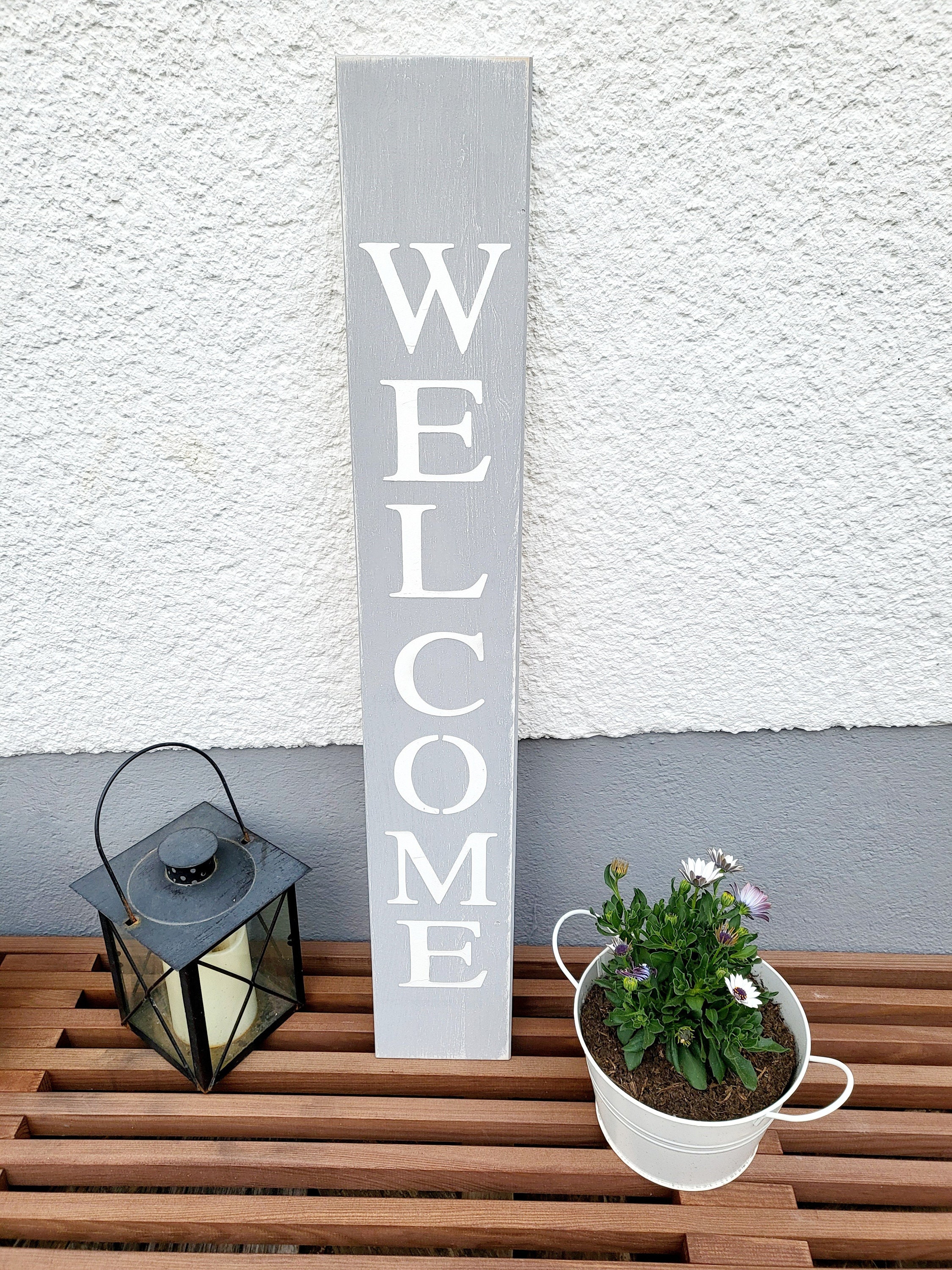 Deko Schild Welcome Shabby grau , Holzschild, Eingang, Holzsäule, Eingangsdeko