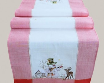 Table runner, red/colorful, embroidery, snowman, 40 x 140 cm