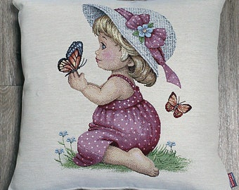 Kissenbezug ,Kissenhülle, Mädchen ,farbig, Gobelinstoff,bunt, 45 x 45 cm, neu